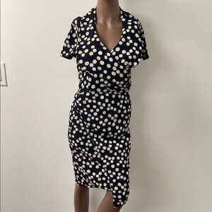 Erreuno Wrap Dress Shortsleeve Polka Dot Navy Cream Rayon Silk Collar 8 10